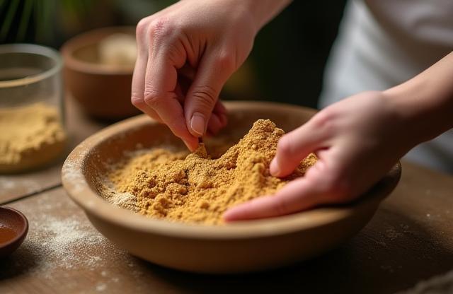 Close up of hands carefully mixing ingredients in a bowl, showing the handmade process.