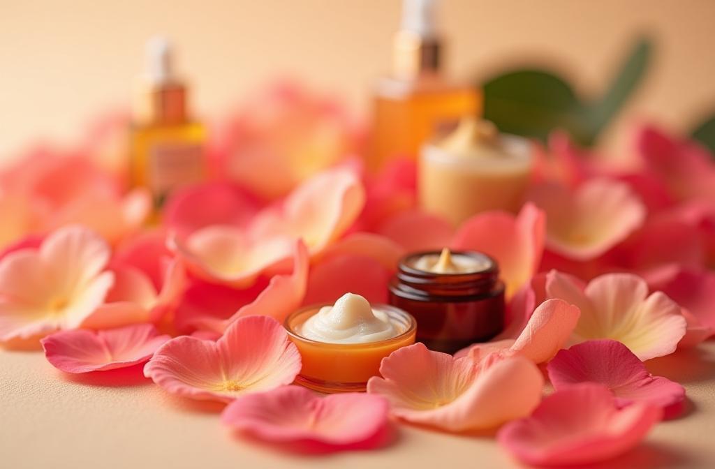 Close-up of natural flower petals and cosmetic products conveying purity and natural beauty.