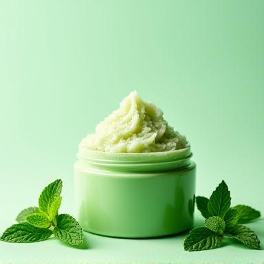 Tub of foot scrub with mint leaves and tea tree oil visible.