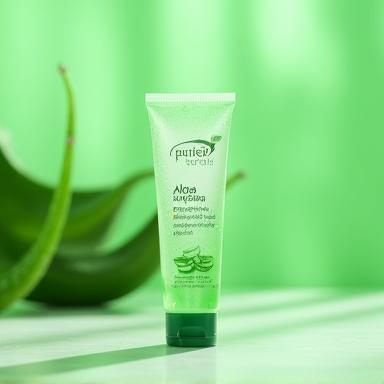 Tube of aloe vera gel with an aloe plant in the background.