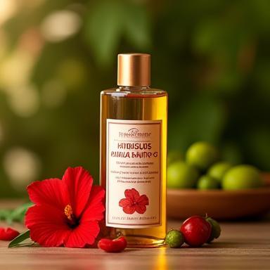 Bottle of Pure Petals Hibiscus & Amla hair oil.