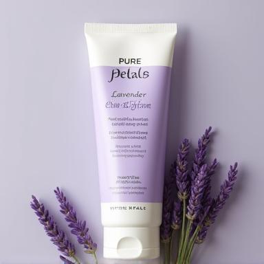 Tube of Pure Petals Lavender Calm body lotion next to fresh lavender sprigs.