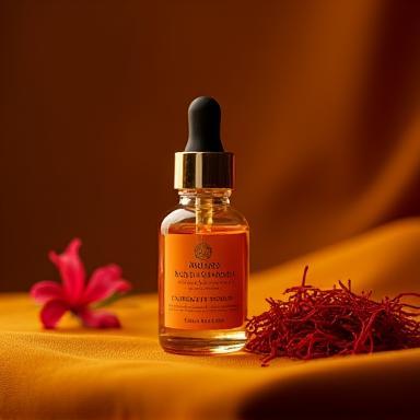 Dropper bottle of saffron and kumkumadi oil.