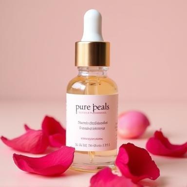 Glass bottle of Pure Petals Rose & Sandalwood face serum surrounded by rose petals.
