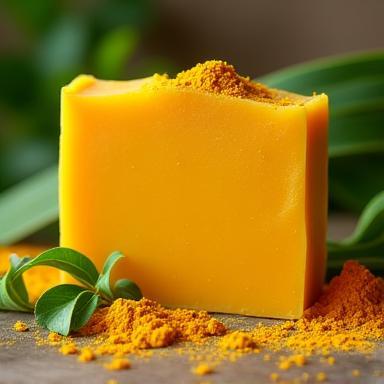 Handmade soap bar with visible turmeric powder and neem leaves.
